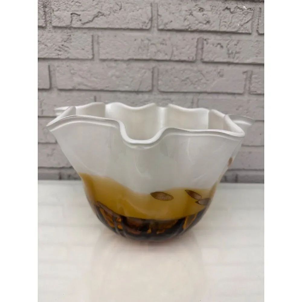 VTG Murano Art Glass White Amber Gold Flecks Large Bowl
